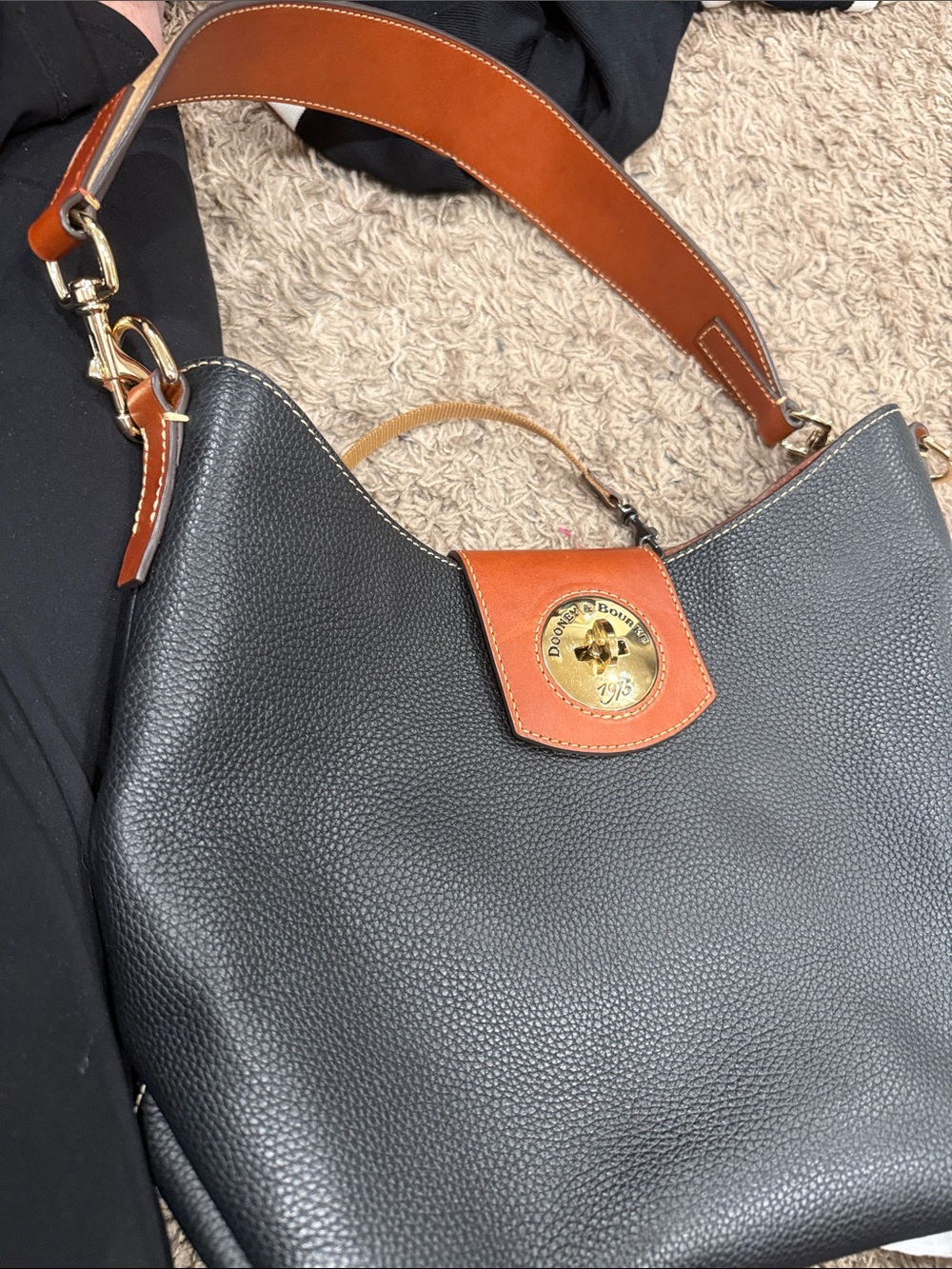 Dooney & Bourke Black Pebbled Leather Shoulder Bag with Brown Trim